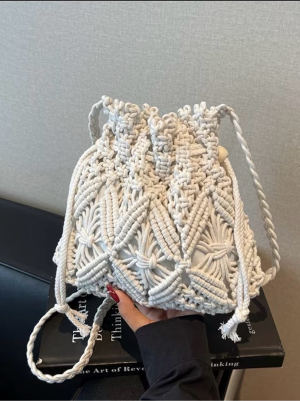 Handwoven Macrame Drawstring Bucket Bag in Cream